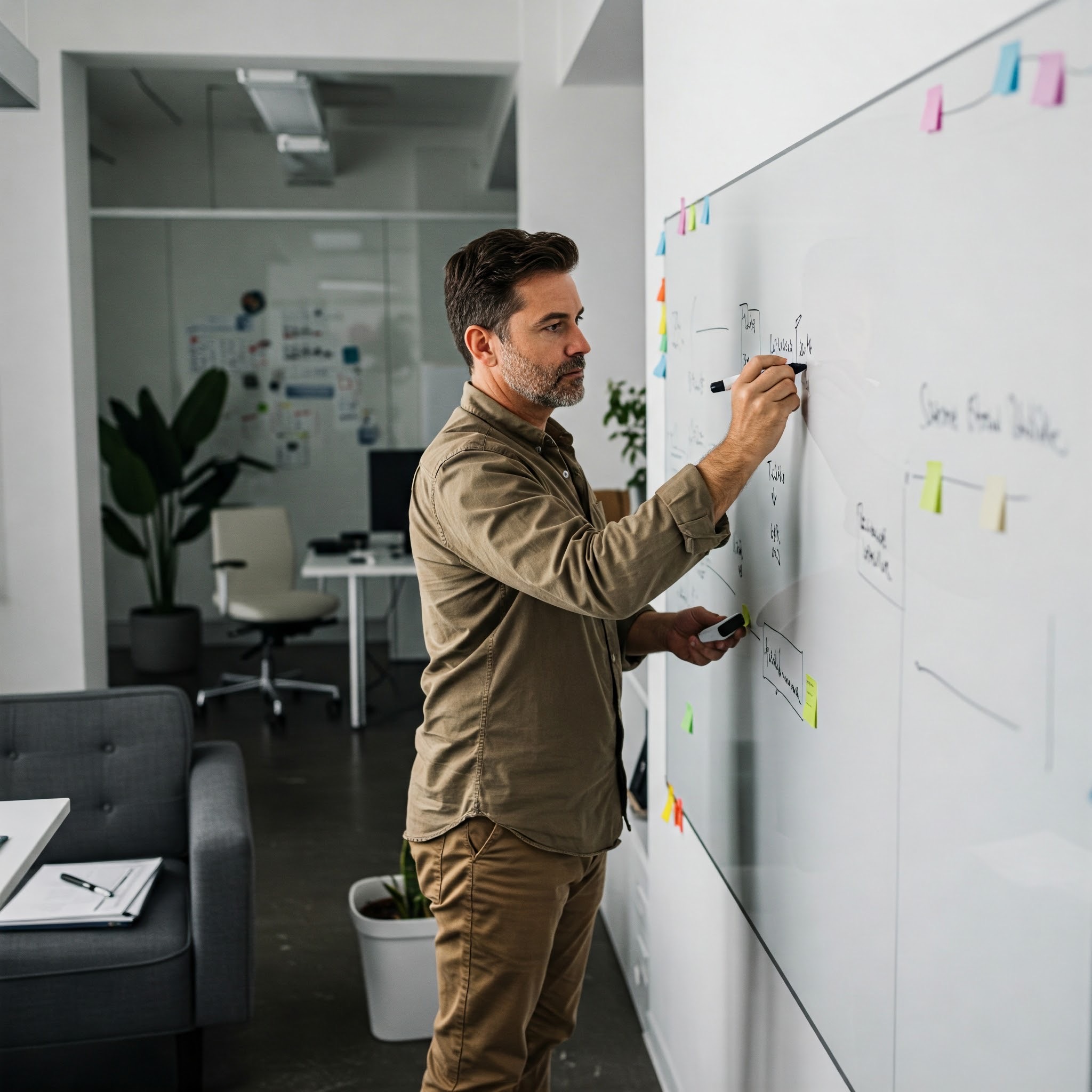photo of Man Brainstorming on Whiteboard in Office